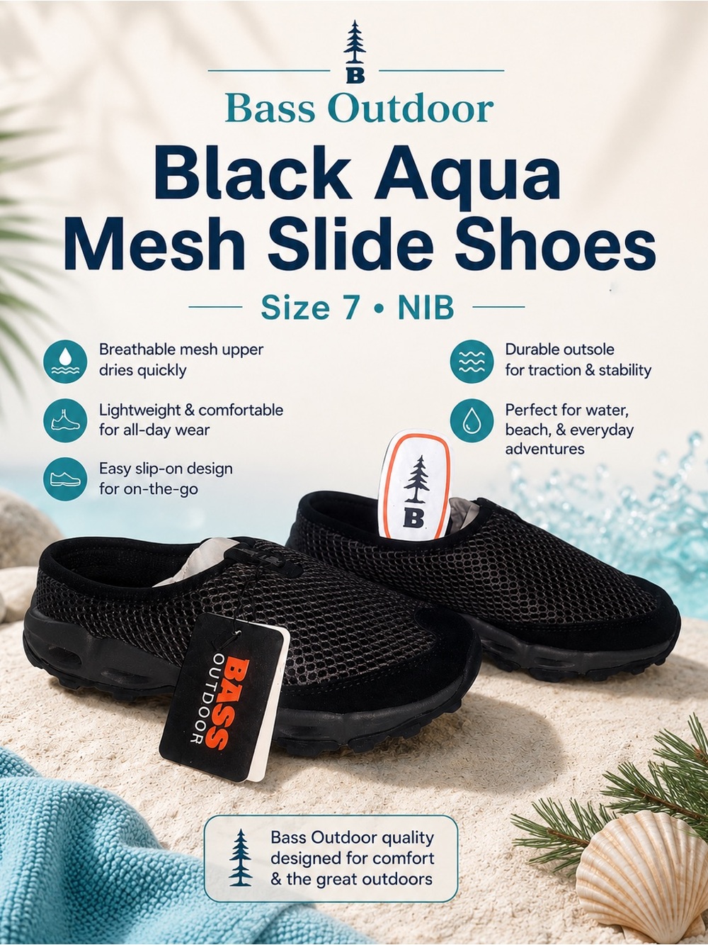 Bass Outdoor Black Aqua Mesh Slides Shoes size 7 NIB